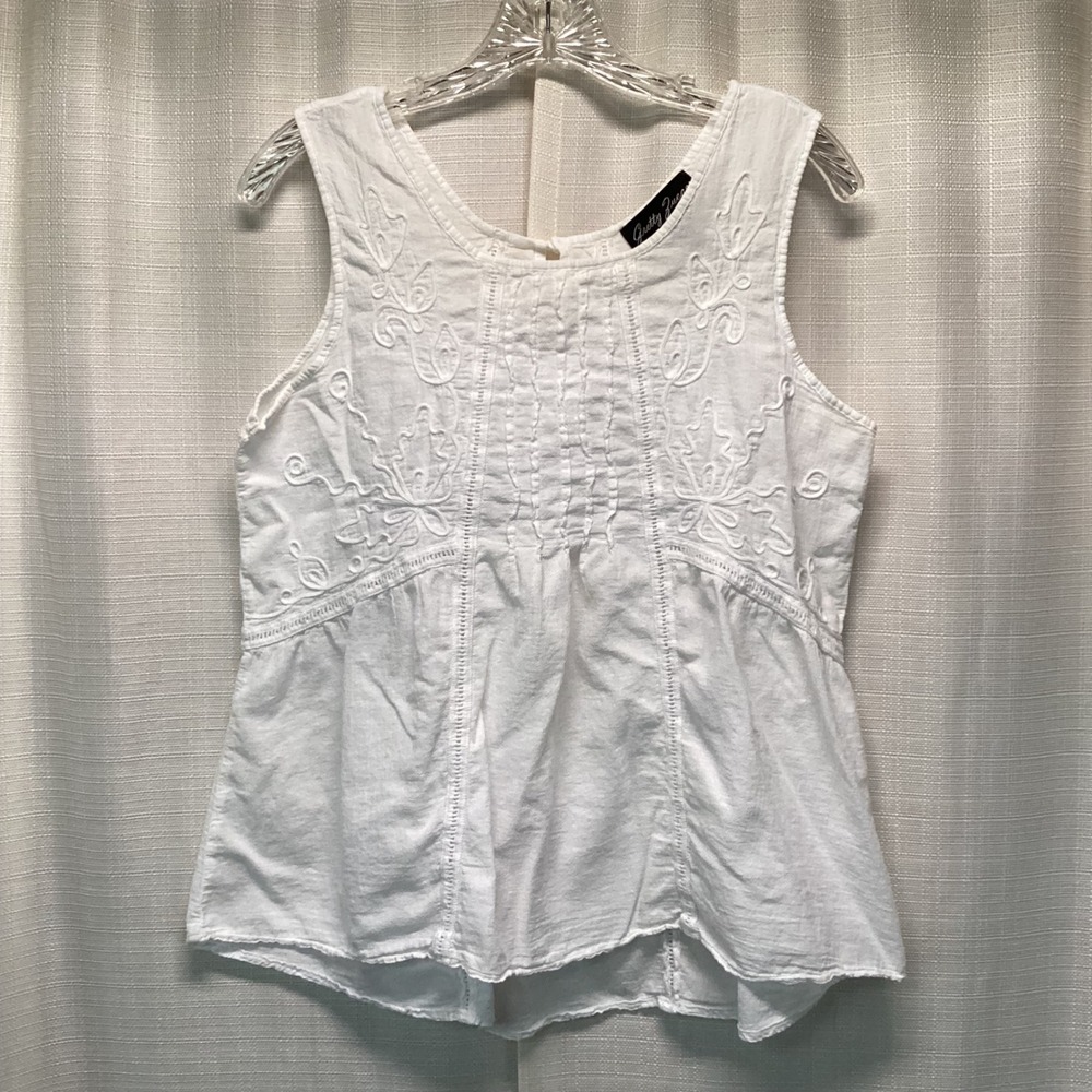 Gretty Zueger White Embroidered Cotton Sleeveless Pintuck Tank Top Womens M